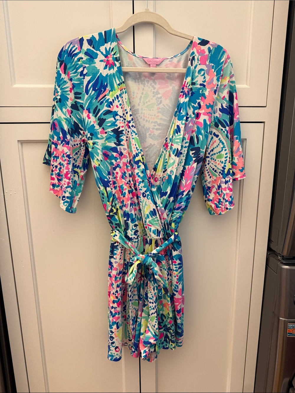 Lilly Pulitzer Multicolor Floral Wrap Romper in Pink, Blue & Green
